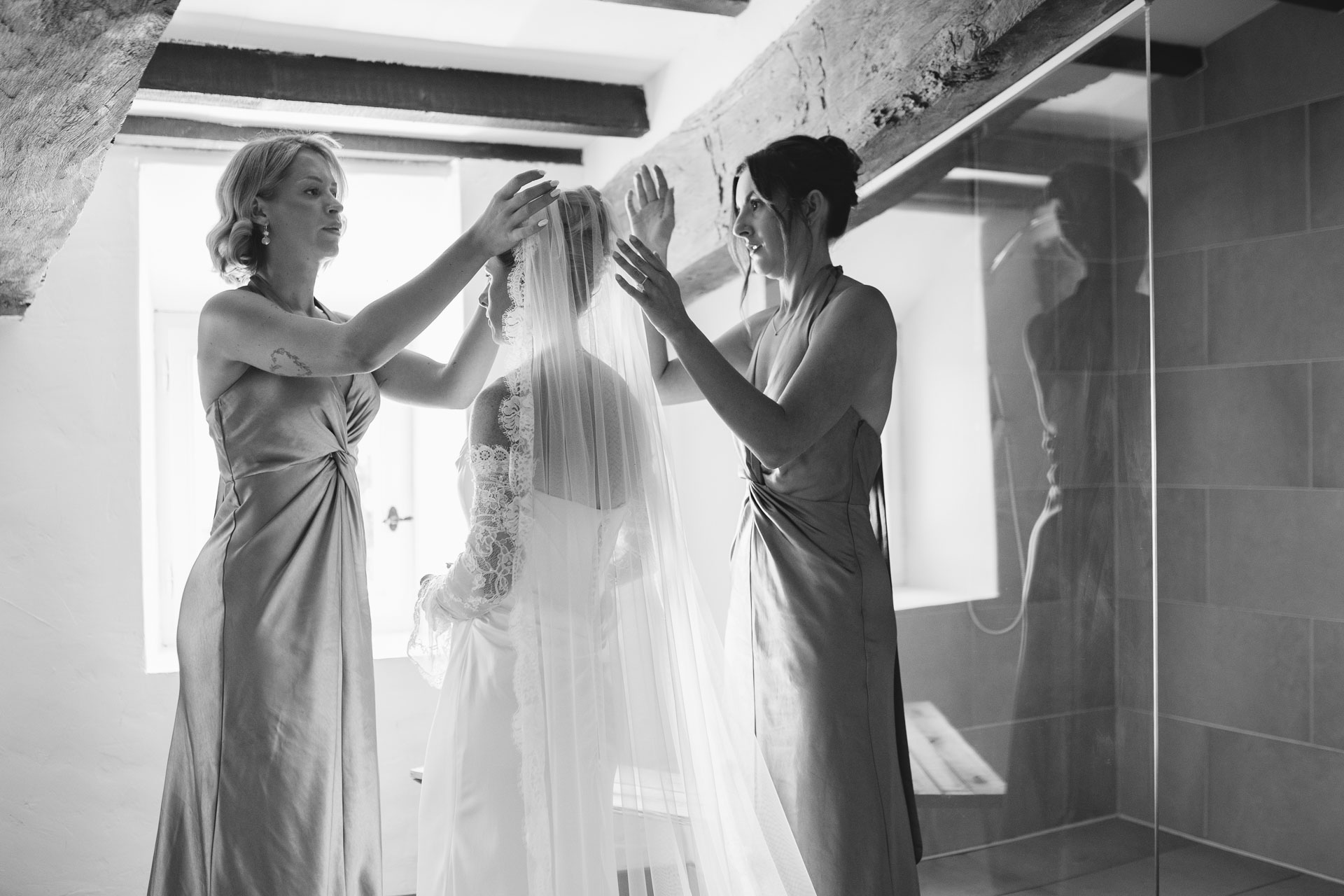 Bride having her veil placed during preparations — Grange de Javon wedding