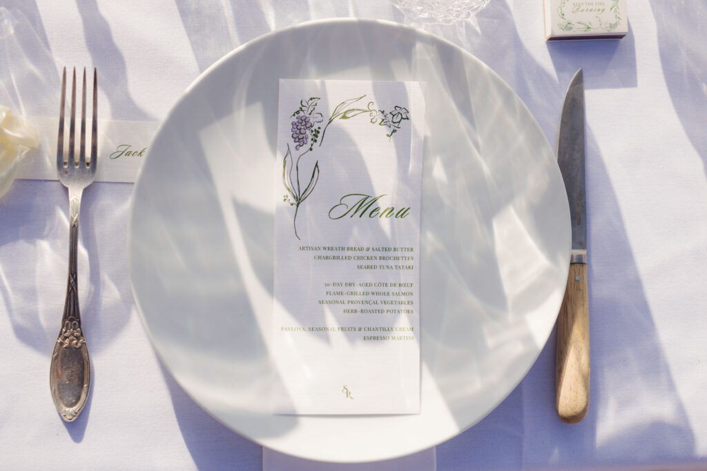 Menu card and place setting at the reception — Grange de Javon, Provence