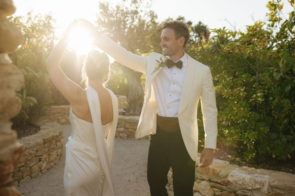 Sun-flared portrait of the newlyweds — Grange de Javon, Provence