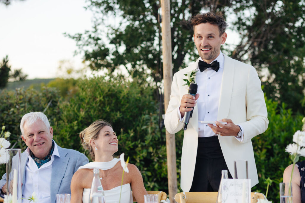 Groom giving a speech at the reception dinner — Grange de Javon, Provence
