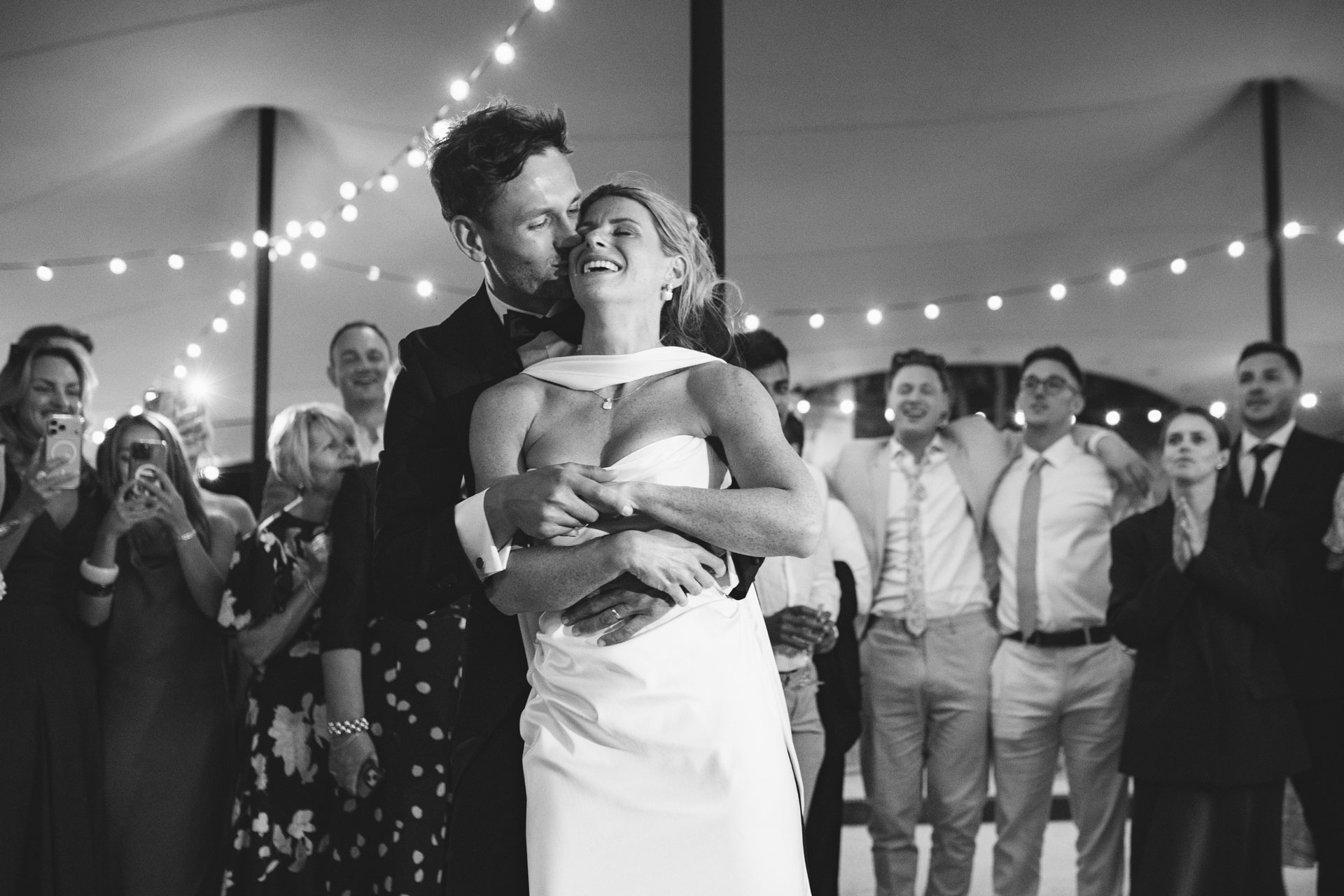 Bride and groom dancing among their guests — Grange de Javon, Provence
