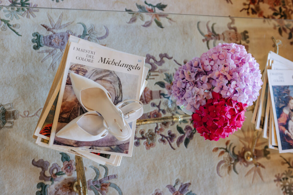 Bride's shoes with pink hydrangeas, Villa Buonvisi wedding details